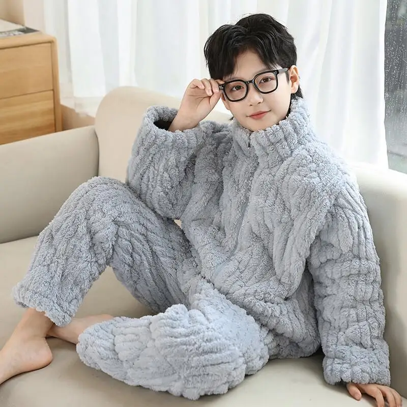 

Детские пижамы, трехслойные зимние с хлопковой подкладкой, плотная фланелевая домашняя одежда для мальчиков, теплая уличная одежда для больших детей, зимняя одежда