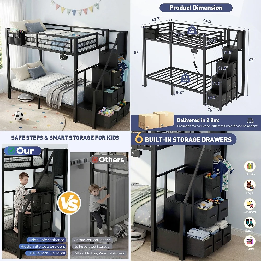 

Bed with Reversible Foldable Desk,Upper bunk storage and 2 Storage Drawers Twin XL Bunk Bed with LED Lights and Charging Statio
