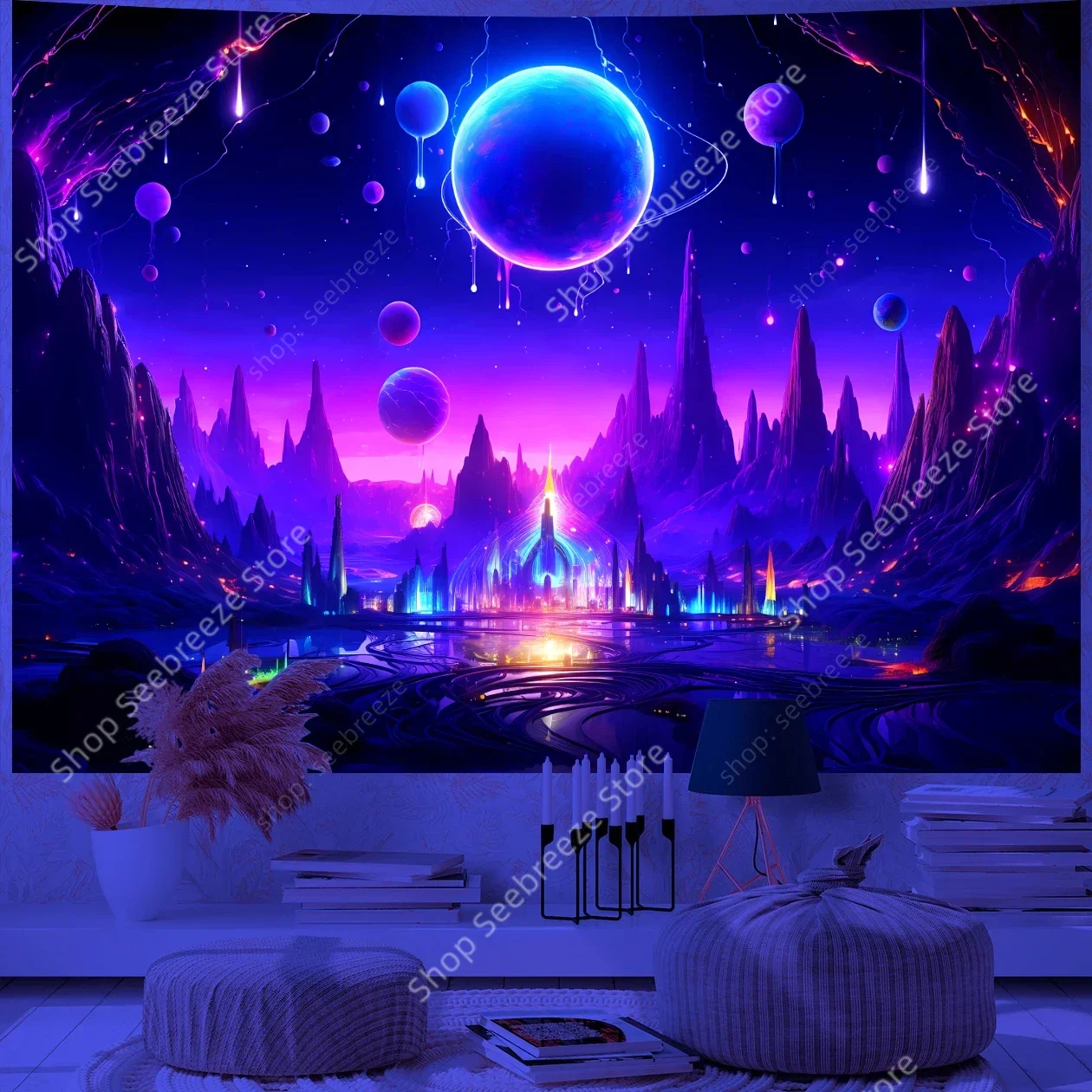 Galaxy Space Landscape UV Reactive Tapestry Trippy Planet Mountain River Neon Art Wall Tapestries for Bedroom Dorm Party Decor