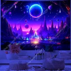 Galaxy Space Landscape UV Reactive Tapestry Trippy Planet Mountain River Neon Art Wall Tapestries for Bedroom Dorm Party Decor