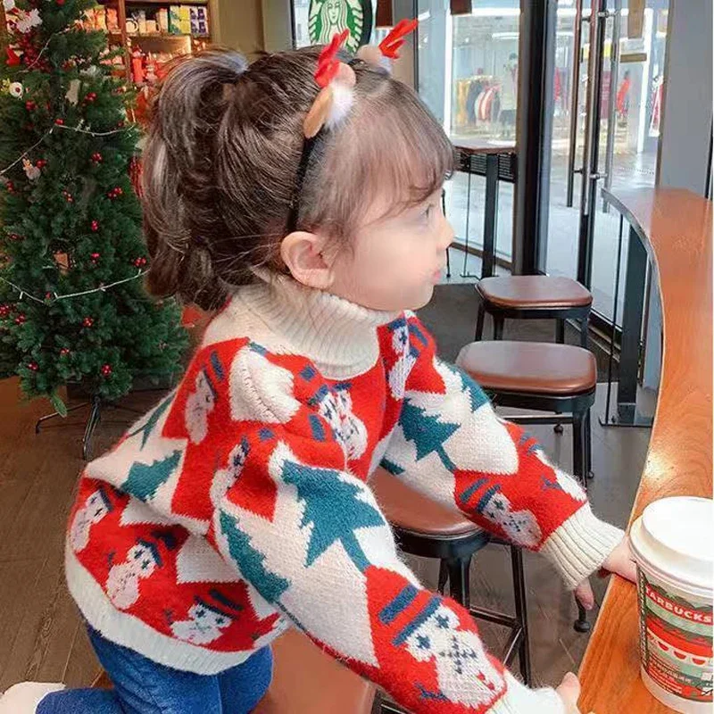 

New Autumn Winter Christmas Girls Sweater Cartoon Snowman Pattern High Collar Thicken Keep Warm Knitwear For 2-7 Years Old Kids