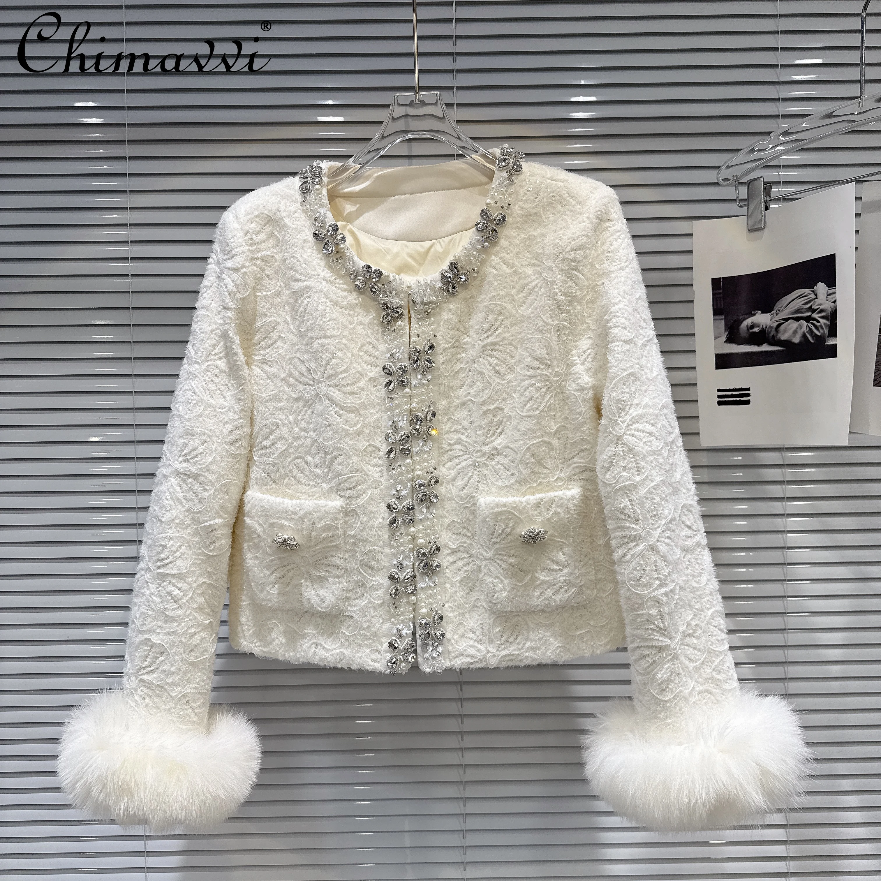 

Элегантные светские роскошные зимние пальто во французском стиле с бисером и ромбовидным лисьим мехом, прямой тонкий пуховик с длинными рукавами, женская короткая куртка