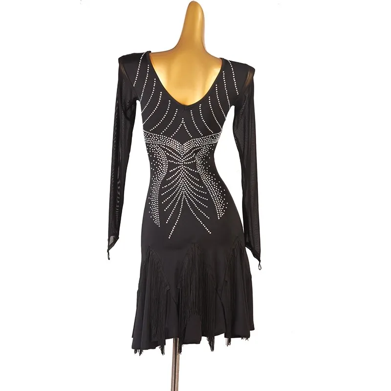 الكبار الأسود حجر الراين كم طويل شبكة هامش الملابس اللاتينية الرقص المنافسة فستان للنساء السامبا السالسا الملابس DQL12248