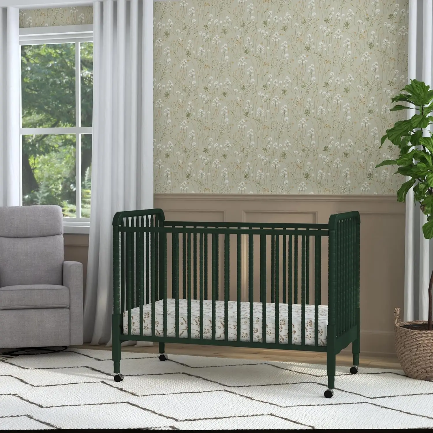 Jenny Lind 3-in-1 Convertible Crib in Forest Green, Removable Wheels, Greenguard Gold image 3