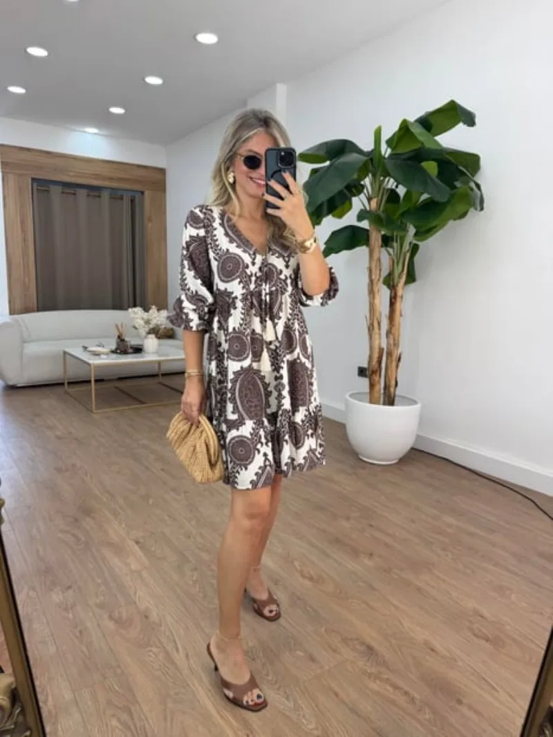 Abito estivo con stampa scollo a V profondo Moda donna Boho Abiti stile nazionale Abito estivo da spiaggia allentato casual