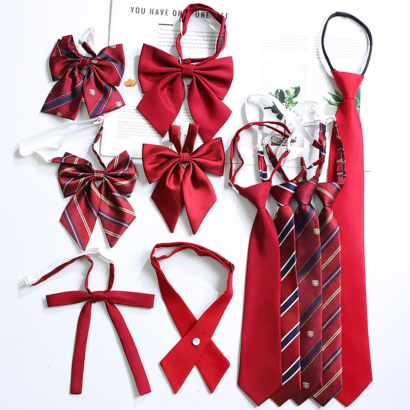 Wine Red JK Style Women's Necktie Stripe Pattern No-Tie Graduation Ceremony Shirt Uniform Accessory Korean Version College Style