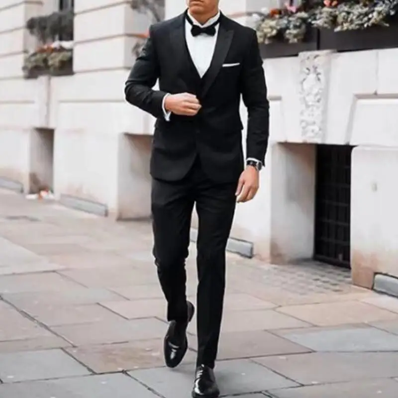 

New Classic Black Wedding Tuxedo Men Suit Peaked Lapel Slim Fit 3 Piece Groom Wear Formal Party Prom Blazer (Jacket+Vest+Pants)