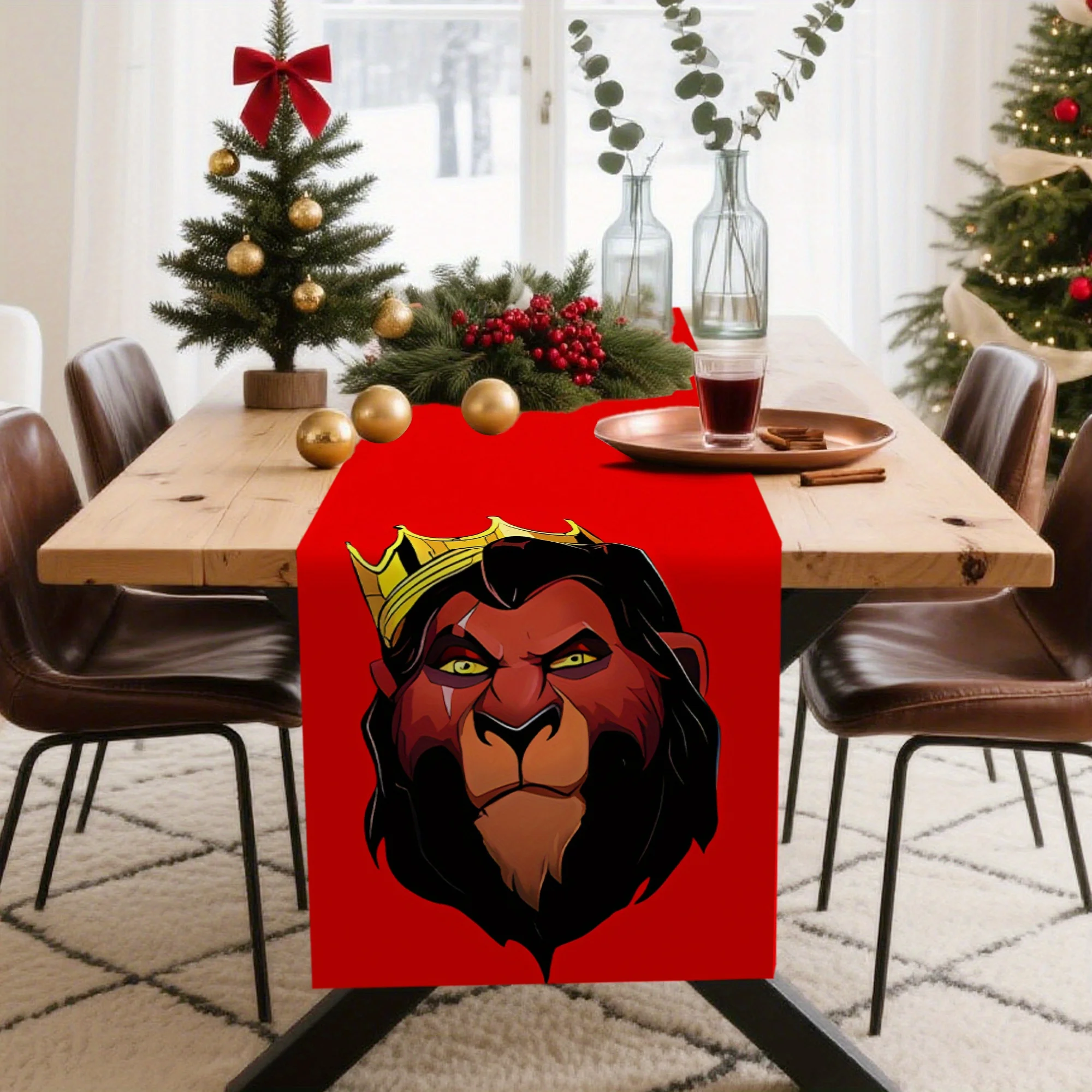 قطعة واحدة من مفرش طاولة على شكل شرير الأسد الملك، خلفية حمراء مع صورة مخيفة، مناسبة لحفلات ديزني، تجمعات مروحة الرسوم المتحركة، إلخ