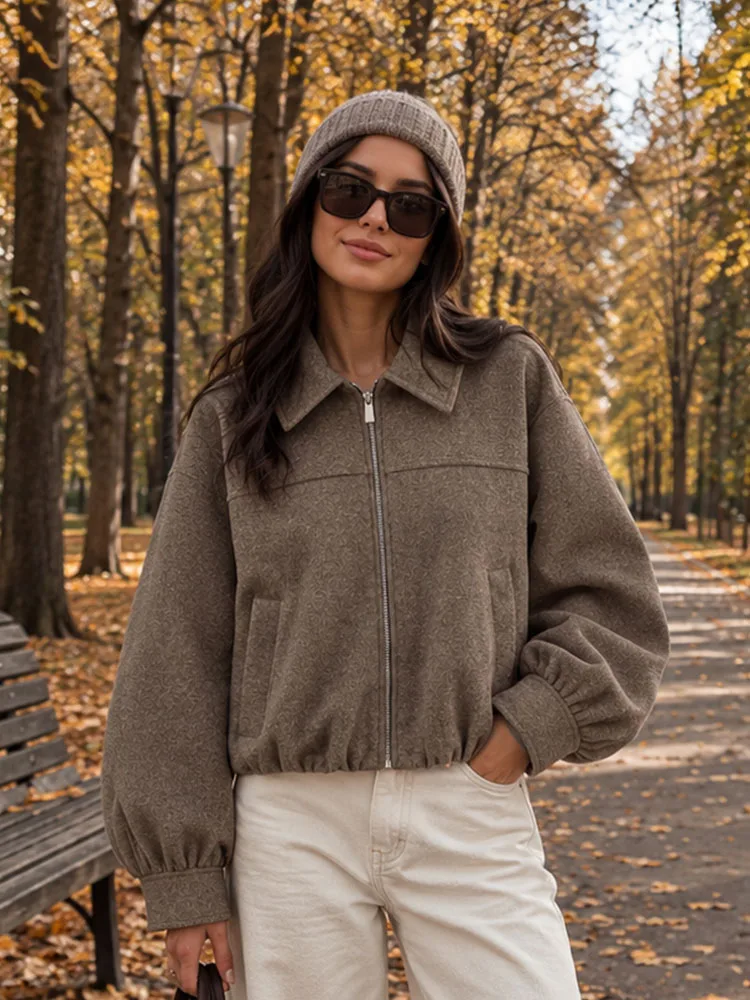 HH Women Retro Brown Jacket Fall Winter Casual Oversized Zip Up Coat with Balloon Sleeves Turn Down Collar and Pocket for Travel