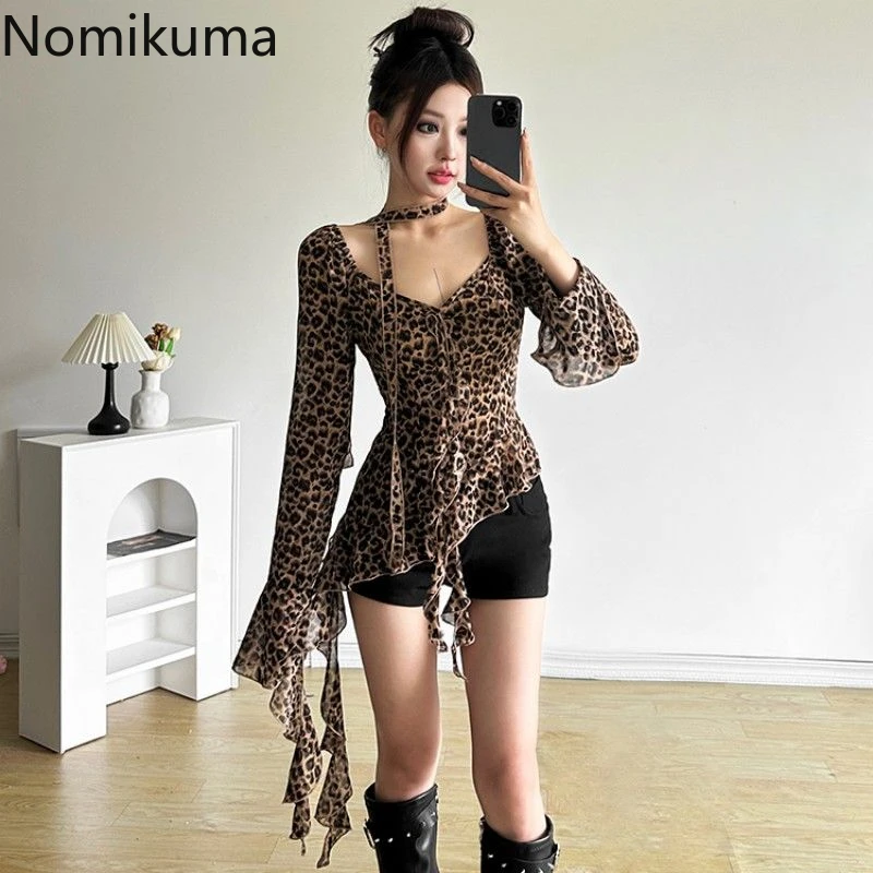 Sexy Woman T Shirts Fashion Leopard Print Tunic Tees Patchwork Ruffles Long Sleeve Irregular Tshirt 2024 Ropa Mujer Y2k Tops