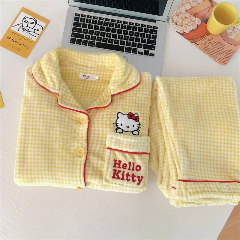 Anime Cartoon Hello Kitty Y2K Kawaii Flannel Pajamas Set Women Warm Woolen Casual Home Pajamas Autumn Winter Fashion Trousers