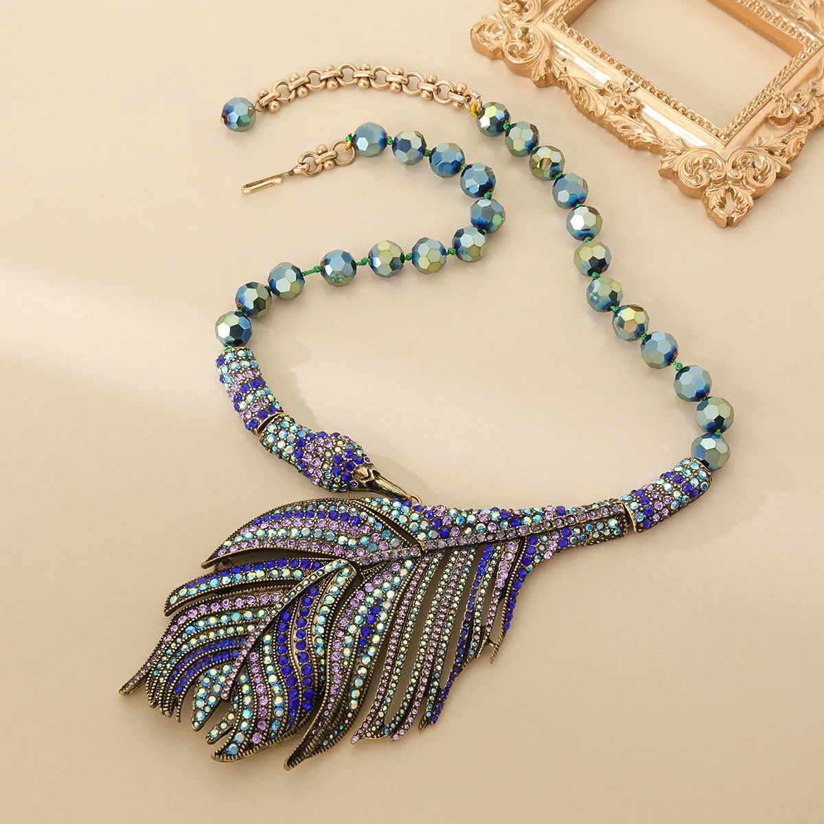 

vintage colorful diamond large feather pendant beaded necklace jewelry