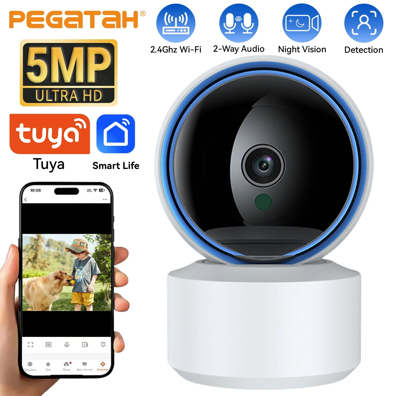 كاميرا PEGATAH Tuya Smart 5MP WiFi IP لمراقبة الأطفال 360 درجة °   كشف الحركة PTZ رؤية ليلية صوتية ثنائية الاتجاه تدعم بروتوكول ONVIF