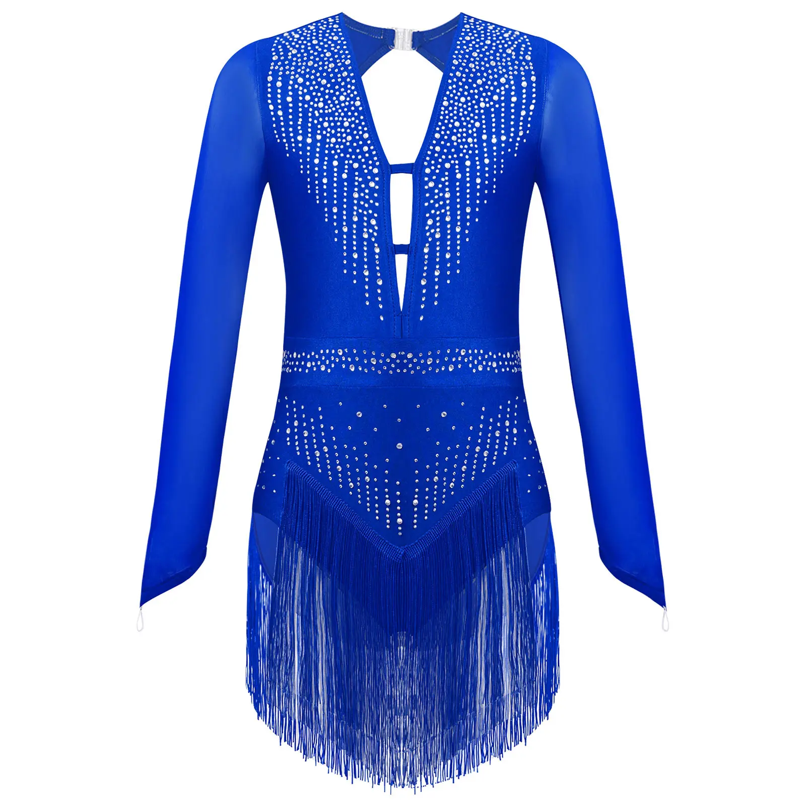 Kids Girls Fringe Latin Dance Leotard Dress Long Sleeve Sparkly Rhinestones Cha Cha Tango Jazz Ballroom Performance Dancewear