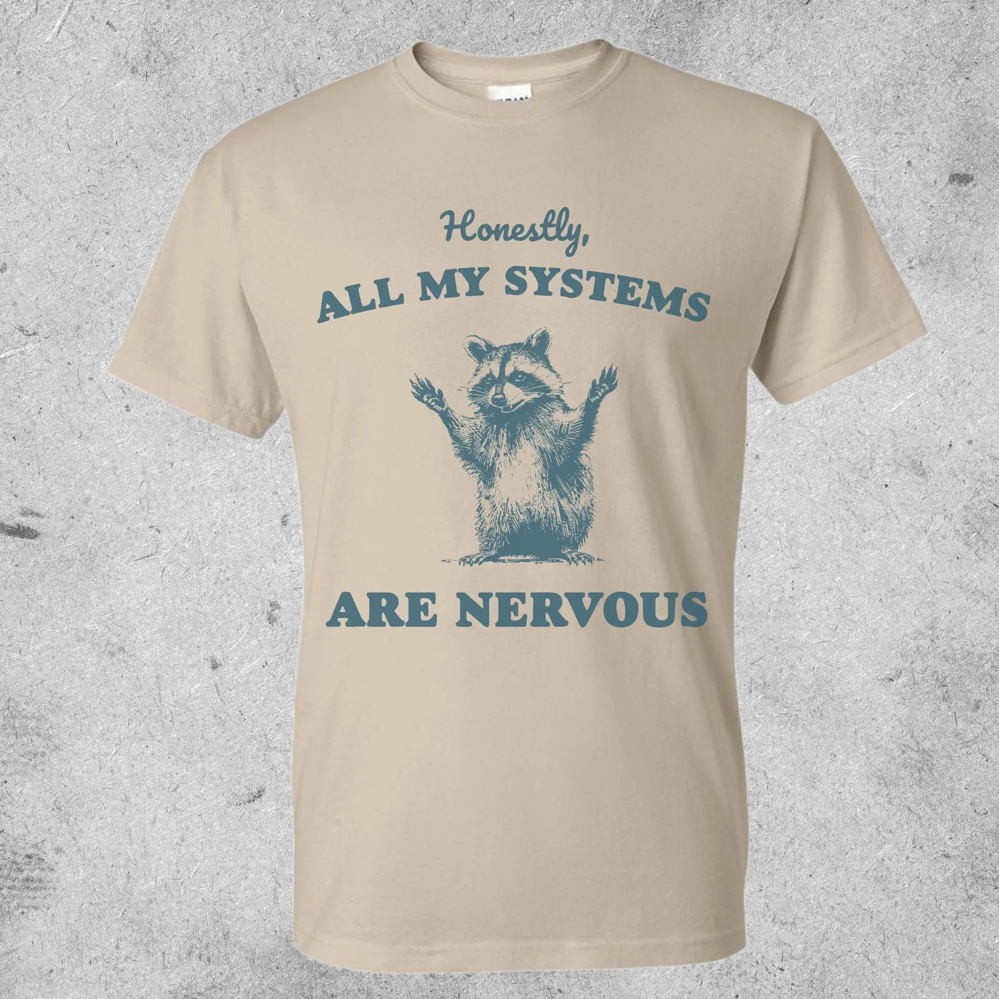 Vintage All My Systems Are Nervous T Shirt Funny Raccoon Sarcastic Saying Retro 90S Gag Meme Unisex