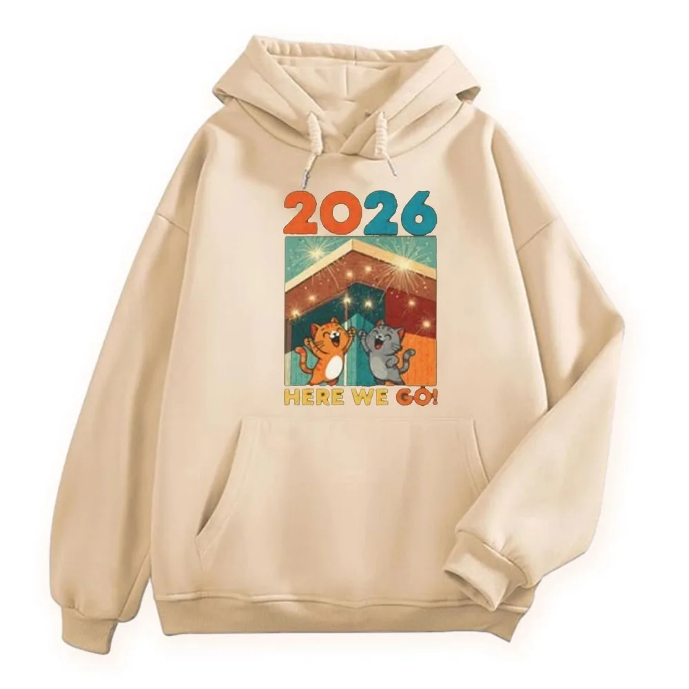 2026 Hier wir gehen! Kapuzenpullover, lustiges Sweatshirt für Freizeitkleidung, Tasche, verstellbarer Kordelzug, Unisex-Trainingsanzug für Damen und Herren