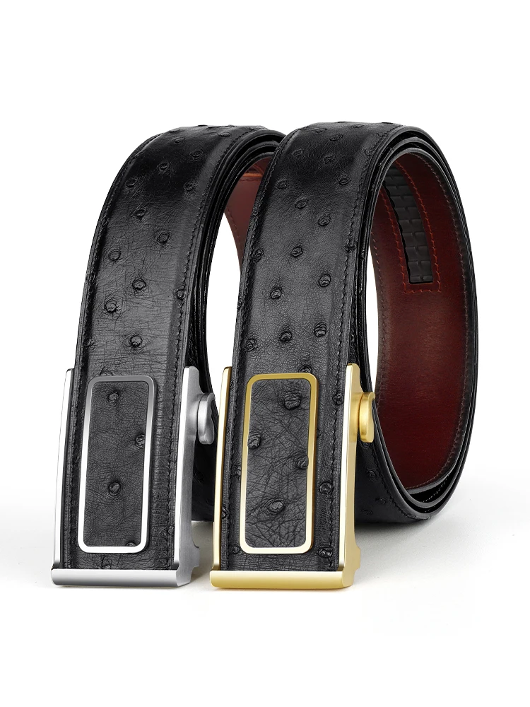 Ostrich leather Mens belts with genuine leather automatic buckle set, high-end handmade color wiping business men's belt