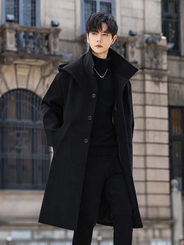 

Pure Color Double Collar Hooded Woolen Coat Men's Autumn Winter Mid-Length Windbreaker High-End Feeling Stand Collar Patchwor...