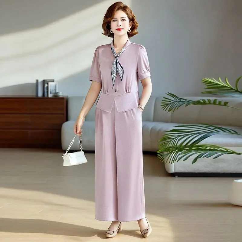 Elegant Mom Short Sleeve Scarf Decor Top Wide Leg Pants Two Piece Set Middle Aged Women Outfit