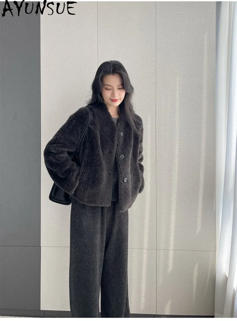 AYUNSUE Womens 100% Real Wool Shearling Fur Coat Granular Fleece Pure Lamb Fur Overcoat Petite Ladies Wool Coat Women Fashion