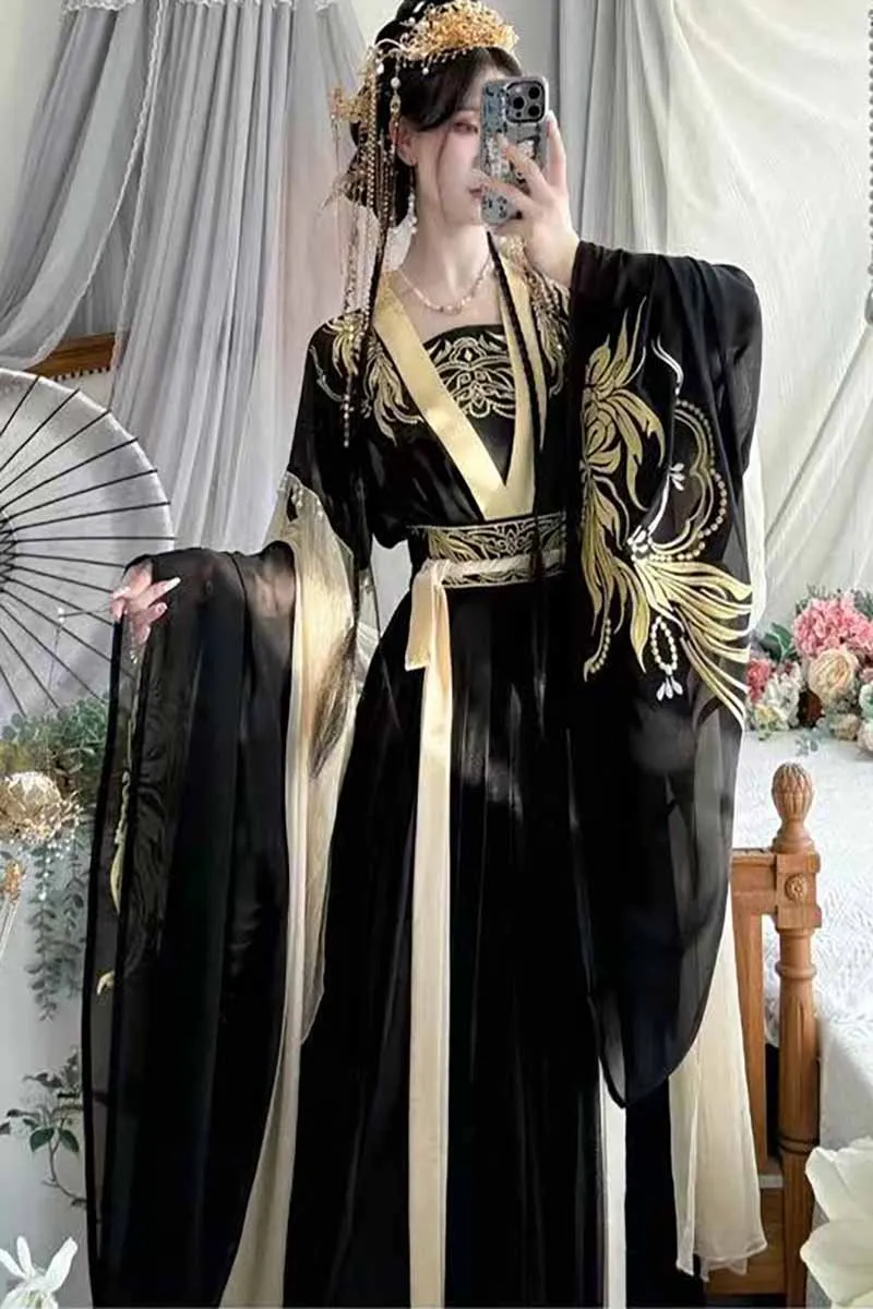 

Chinese Hanfu Dress Women Female Carnival Halloween Cosplay Costume Ancient Traditional Embroidered Red&Black Hanfu Dance Dress