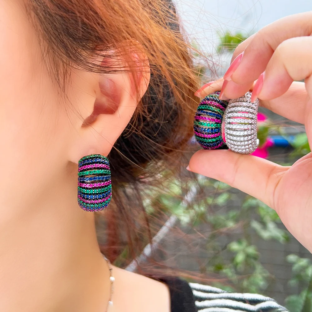 Três cores brincos cúbicos de zircônia para as mulheres, jóias multicolor clássicas, meia rodada círculo, nova moda, festa diária, e1146