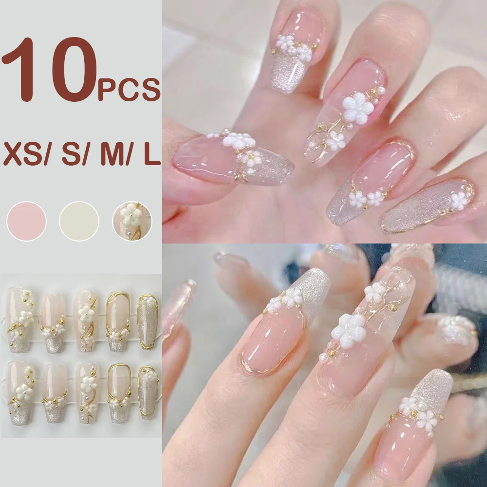 

10Pcs Handmade Flower Press On Nails French Cat Eye False Nails Wedding Dress Gentle Naked Color Long Coffin Wearable Nails