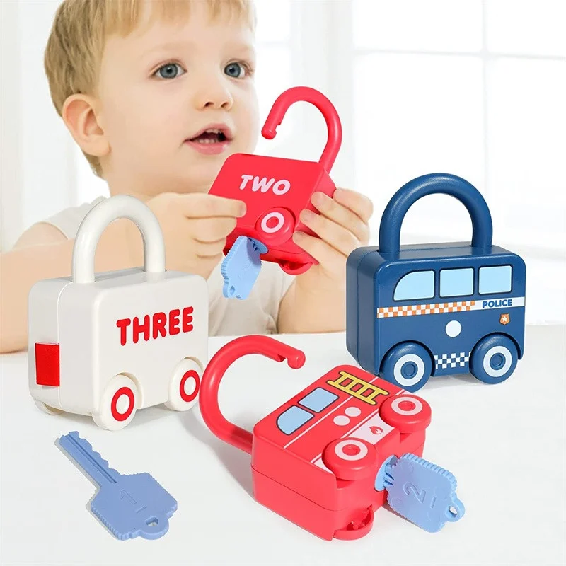 Children Educational Toys Kids Learning Lock with Keys Car Numbers Matching & Counting Montessori Math Teaching Lock-Picking Toy