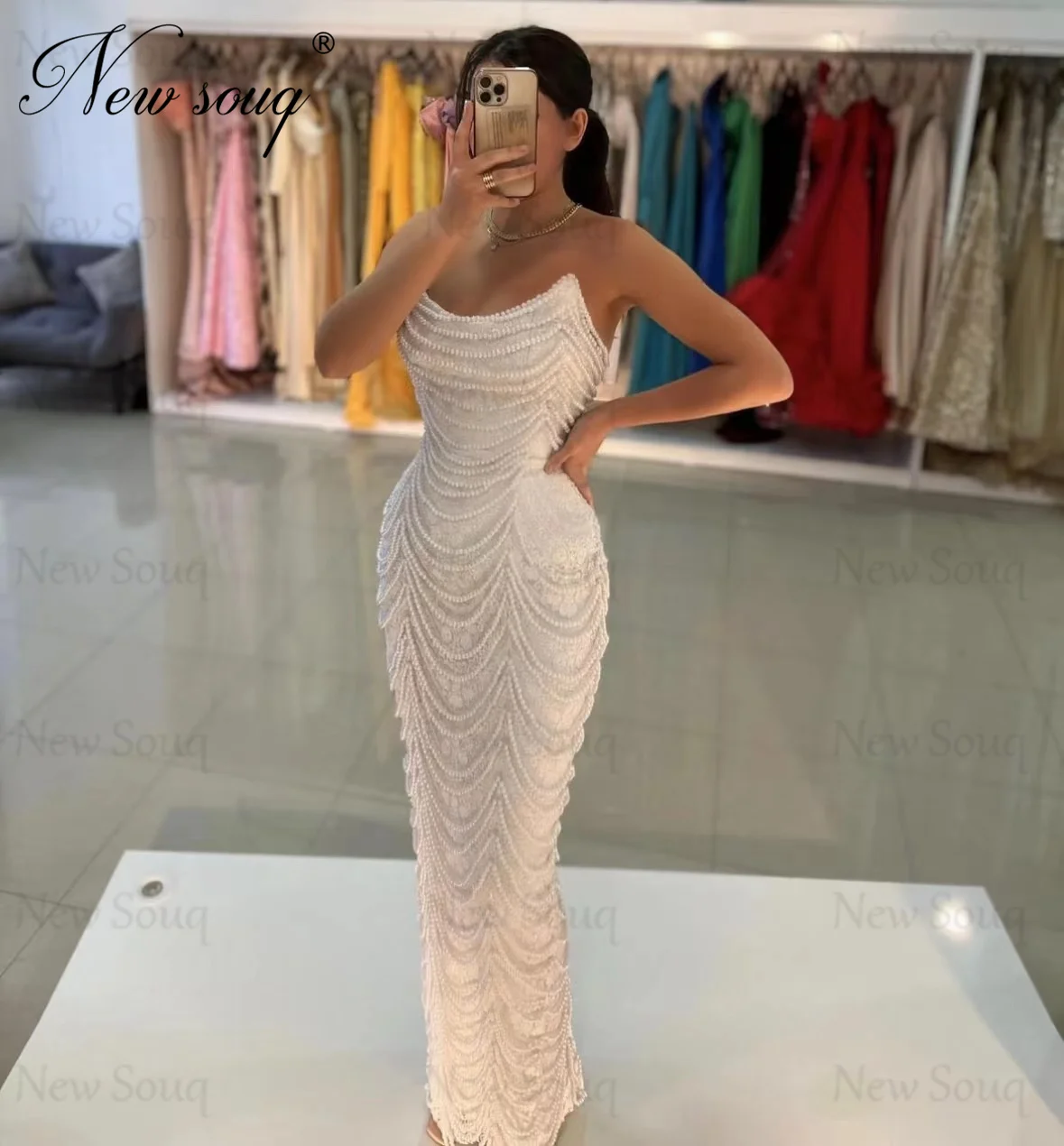 Full Pearls Evening Dresses Haute Coutures Cocktail Mermaid Party Engagement Dress Luxury Long Strapless Prom Dress Vestidos