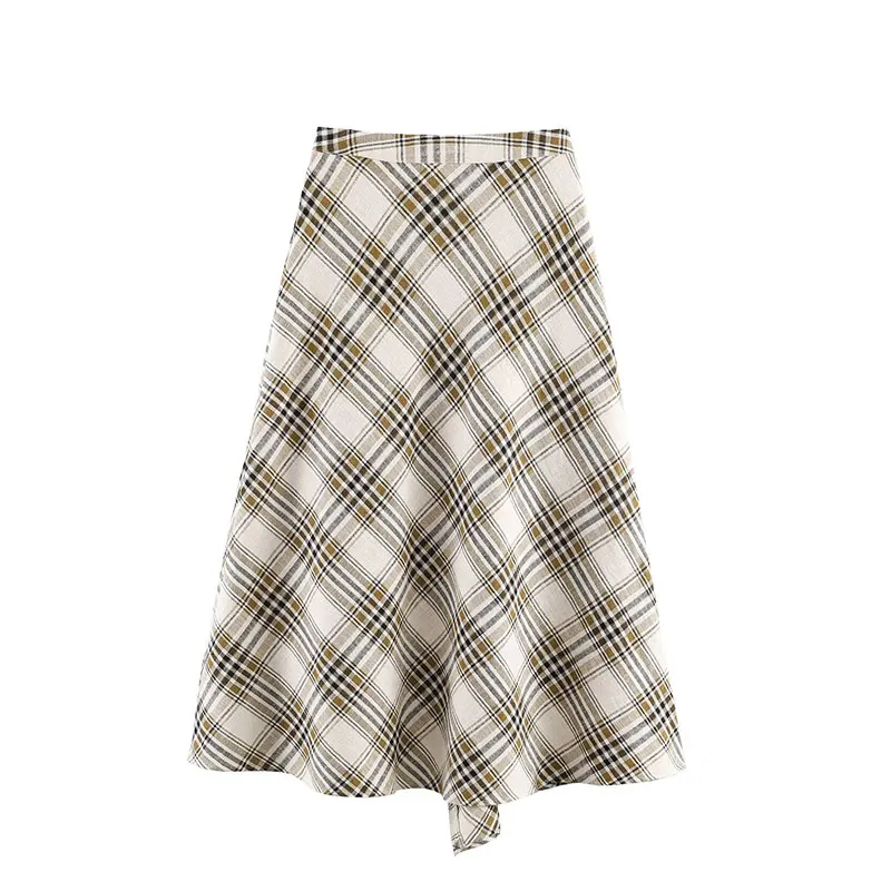 TFAFXY 2026 Spring Women Vintage Plaid Skirt Fashion Elegant Midi Skirts Casual Street Skirt Asymmetry Ruched Female New Skirts