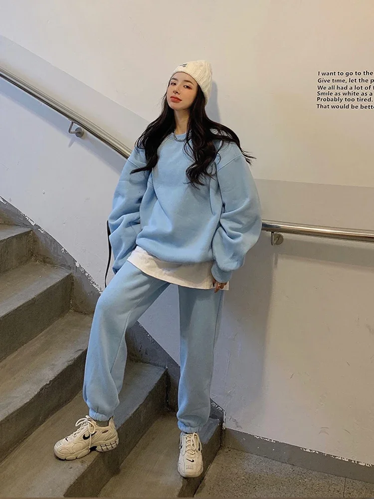 Winter Plus Velvet Tracksuit Women New Fashion Casual Two Piece Sets Woman Korean Loose Sweatshirts and Sweatpants