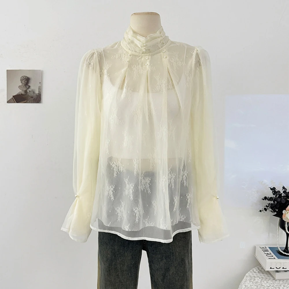 Beaded Hollow Out Lace Shirt Women's Spring 2026 Semi High Neck Long Sleeve Ladylike Lightweight Layered Sheer Top Casual Wear