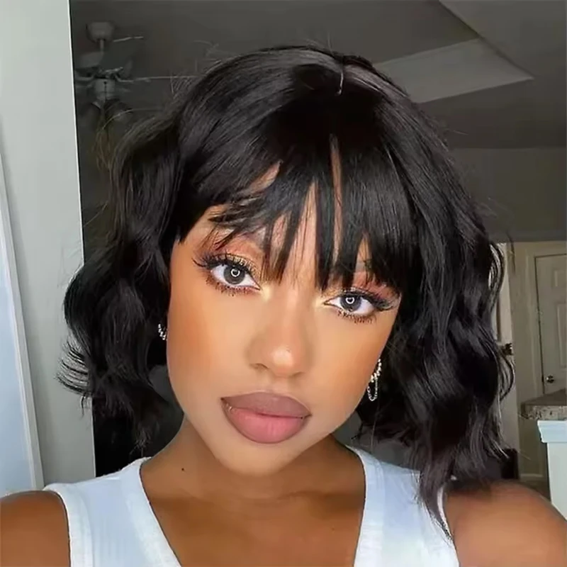 250 Density Body Wave Bob Wig With Bangs Brazilian Virgin Human Hair 3X1 Middle Part Lace Wig Short Bob Wigs 8-16 Inch For Women