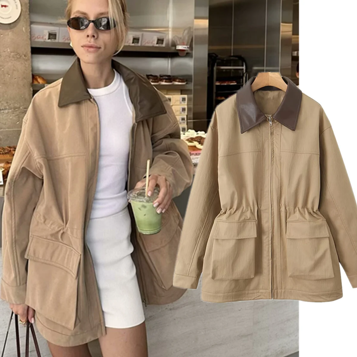

Dave&Di Ins Fashion Blogger Retro Khaki Jacket Women Autumn Women's Jacket Long Coat Girls