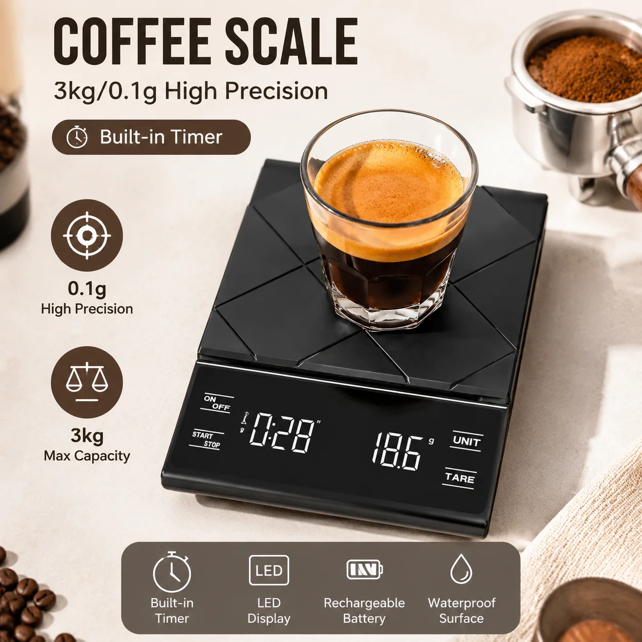 3kg/0.1g Coffee Scale with Timer Kitchen Tools Digital Multifunction Weighing Scale Pour Over Drip Espresso Scale LCD Display