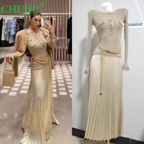 CHUJIE 2025 Autumn Winter New - Slim Fit Waist - Fake Two-Piece Knitted Long Luxurious Dress (Evening Dress) With Waist Chain