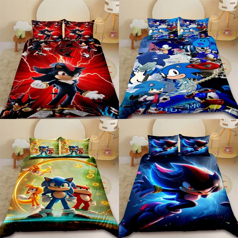 

HOT Anime Sonics Cartoon Duvet Cover Kids Bedding Set Comforter Cover Queen King Size for Bedroom Decor Single Double Bed Gift