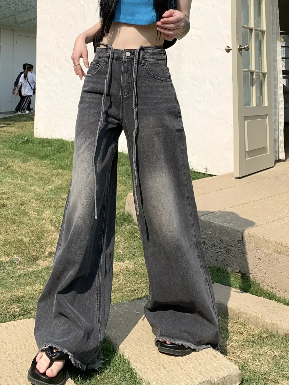 QWEEK Y2K Vintage 90s Black Jeans Grunge Distressed Baggy Denim Pants Female Oversize Korean Style Retro Basic Wide Leg Trousers