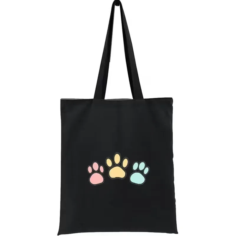 Color Cute Paw Print Black Canvas Tote Bag Minimalist Pet Lover Reusable Shoulder Handbag For Daily Shopping School