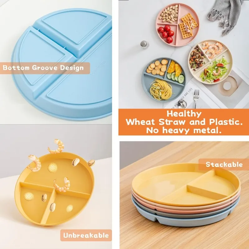 New Eco-Friendly Wheat Straw Divided Dinner Plate Child Adult Reusable Fruit Salad Round Plate Portion Control Compartment Plate