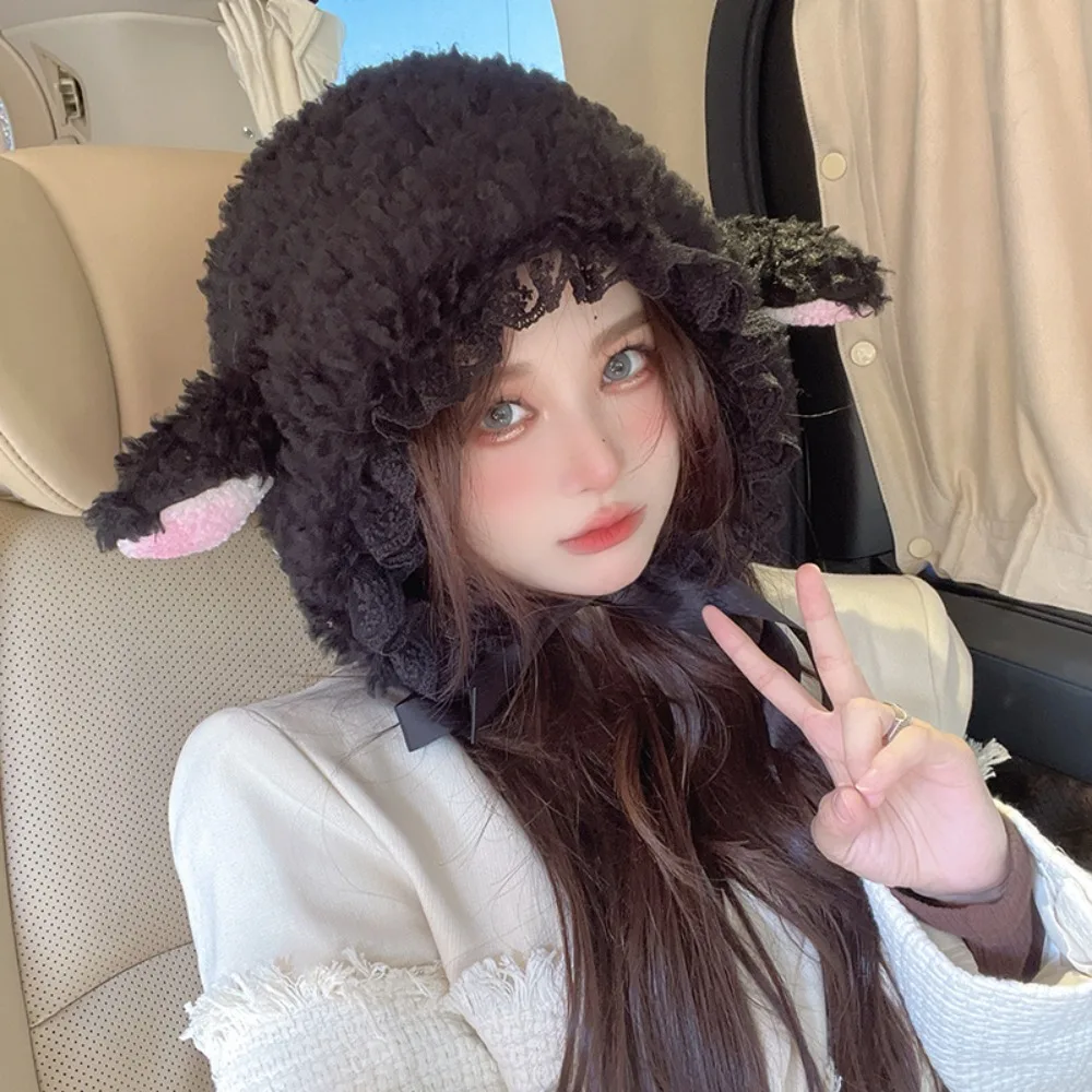 Fluffy Costume Hats Christmas Gift Warm Soft Lovely Lamb Cosplay Bucket Hat Outdoors Warm Winter