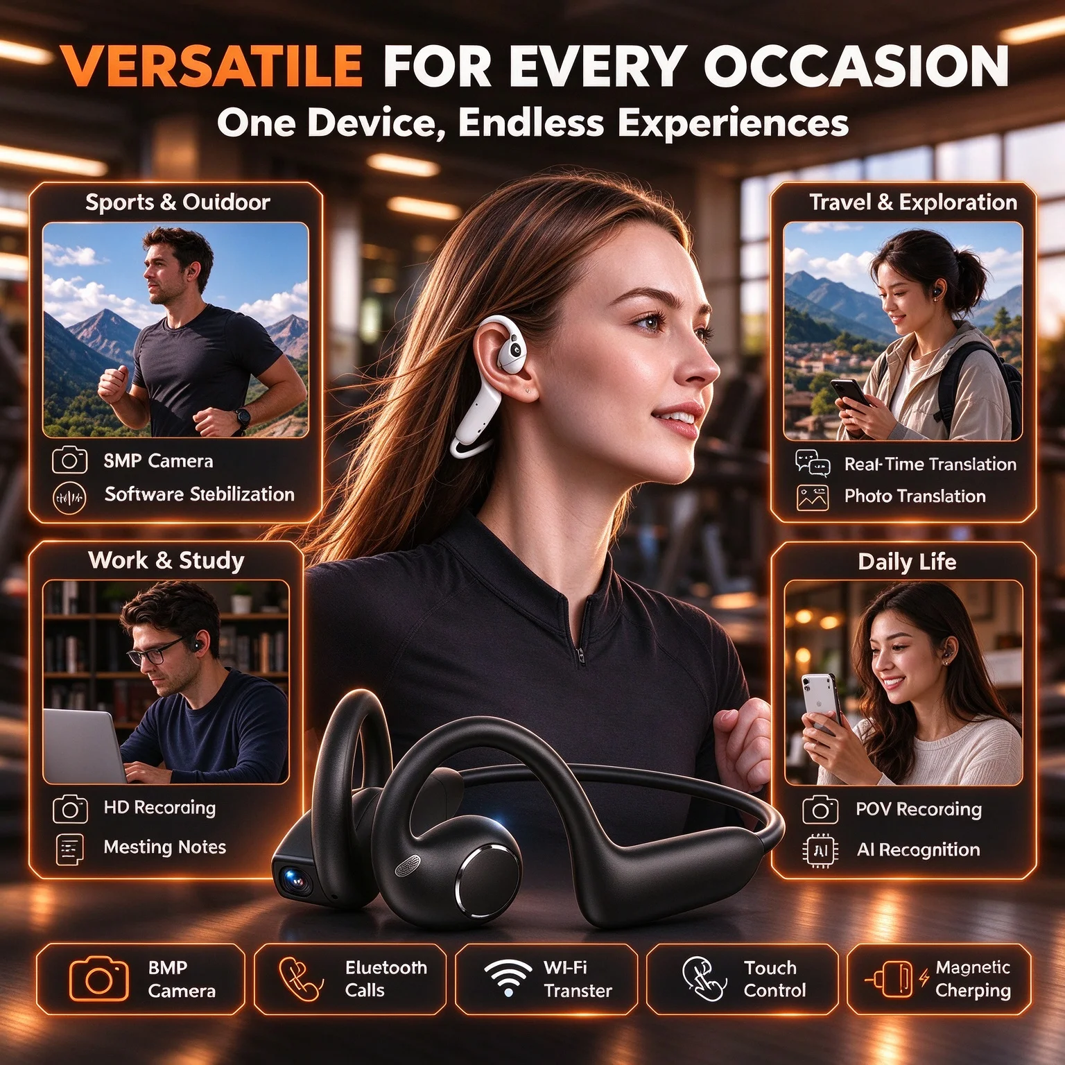 Auriculares con cámara inteligente y tecnología de IA, auriculares Bluetooth, grabación de video en 1080P, traducción con IA, diseño de auriculares de oído abierto, auriculares deportivos inalámbricos.