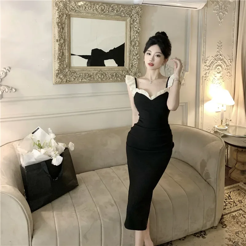 Kimotimo Fashion Dress Women Summer Fungus Edge Flying Sleeve Waist Slim Split Long Dresses French Retro Elegant Evening Robe