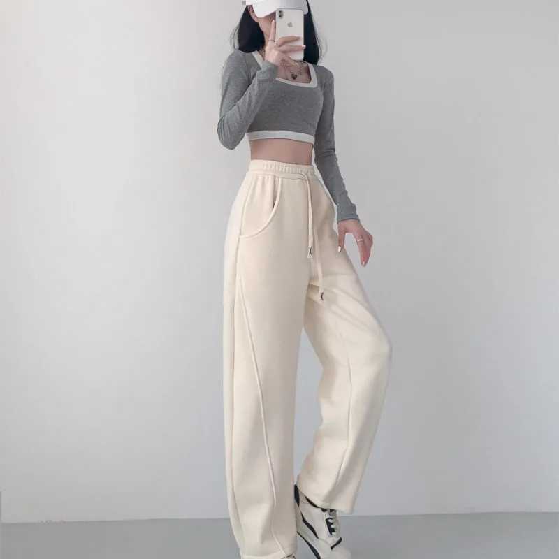Herbst Winter Hohe Taille Beiläufige Breite Frauen Bein Hosen Gerade Geschnitten Hosen Feste Freizeit frauen Mode Hosen