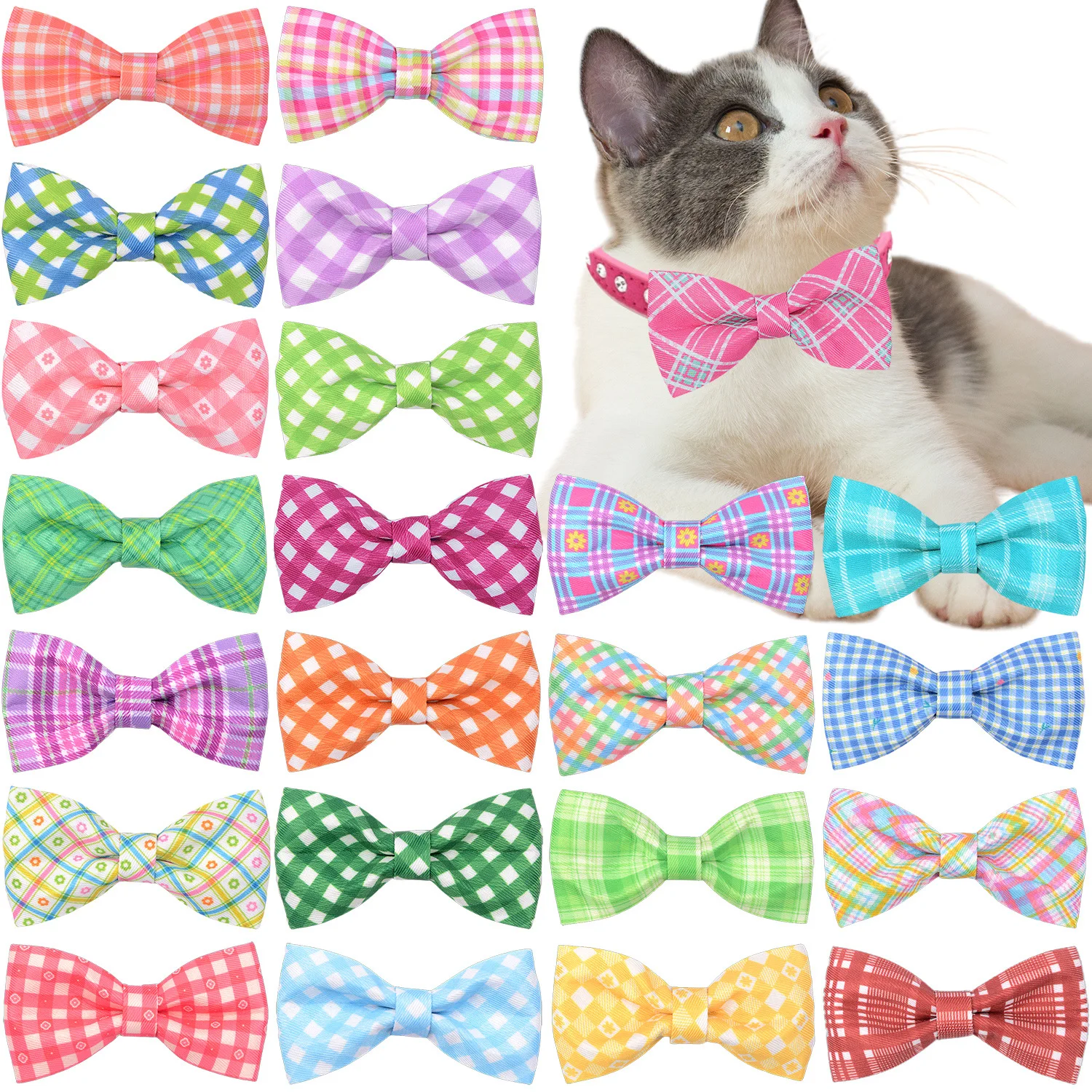 50/100pcs Spring Plaid Style Dog Bowtie Removable Dog Bows Dog Collar Accessories Pets Grooming Accessories Dog Supplies