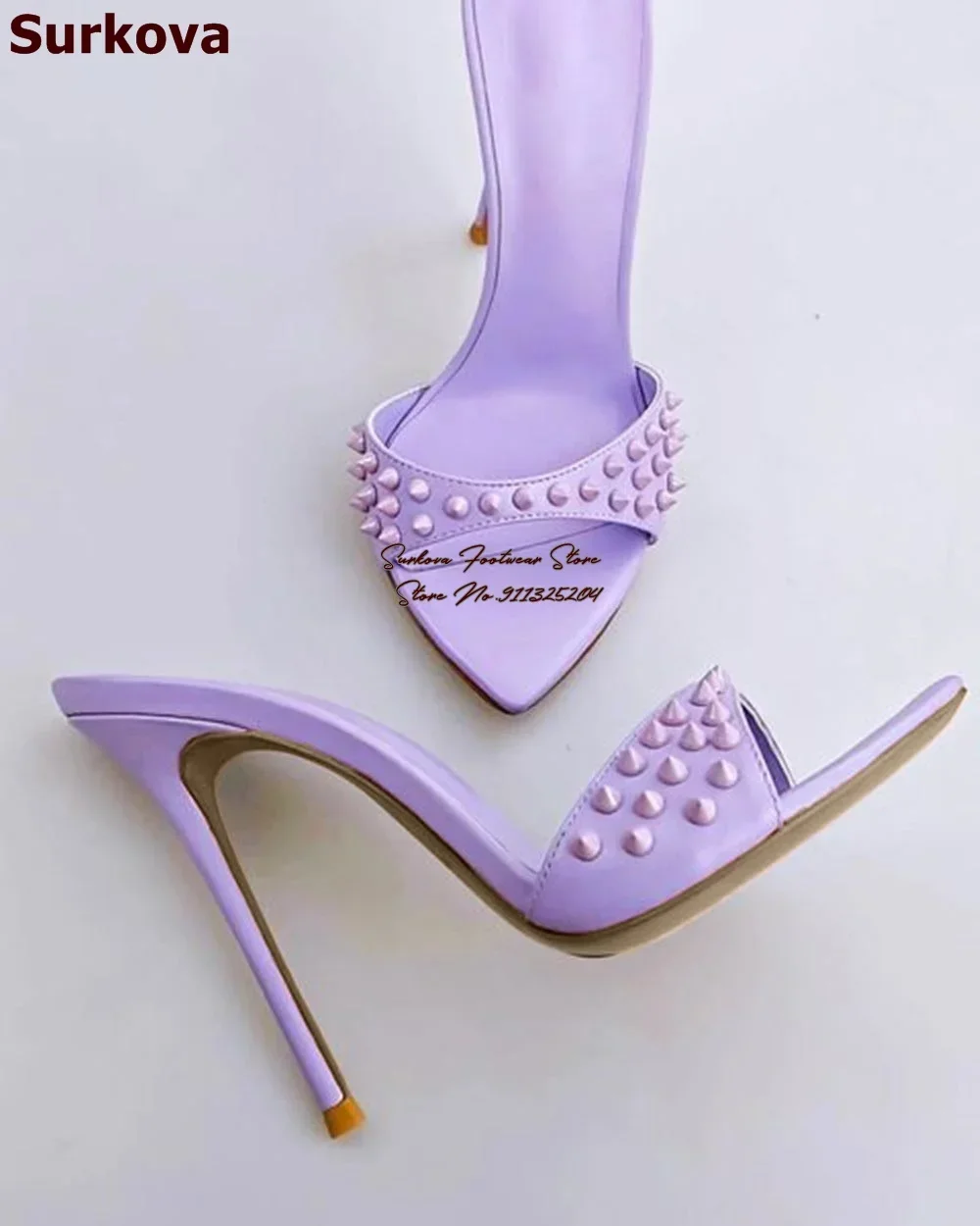Surkova Thin High Heel Rivets Pointed Toe Slippers Slip-on Sexy Spikes Summer Sandals Dress Shoes Purple Pink Yellow