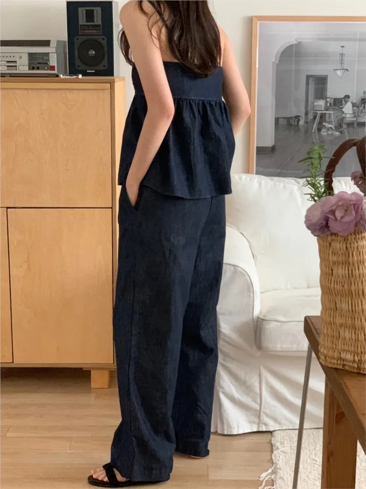 Denim Summer 2 Two Piece Set Women Sleeveless Fashion Ruffle Ladies Cropped Slip Tops Casual Loose Korean Woman Wide Leg Pant