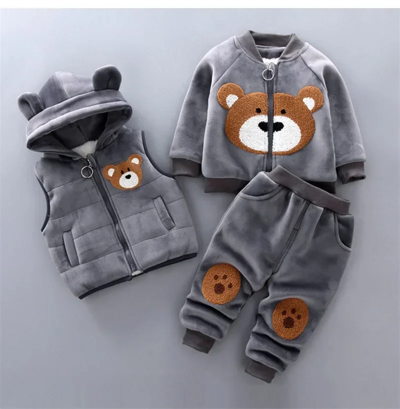 2023 Winter Baby Boy Clothes Sets Autumn Cotton Thick Warm Hooded Sweater Cartoon Cute Bear Three-Piece Baby Girl Suit 0-5Y