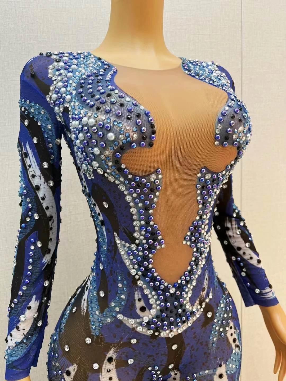 Print Low Cut Transparent Tight Jumpsuit Shiny Rhinestone Club Party Sexy Outfit Singer Stage Wear Nightclub Performance Costume