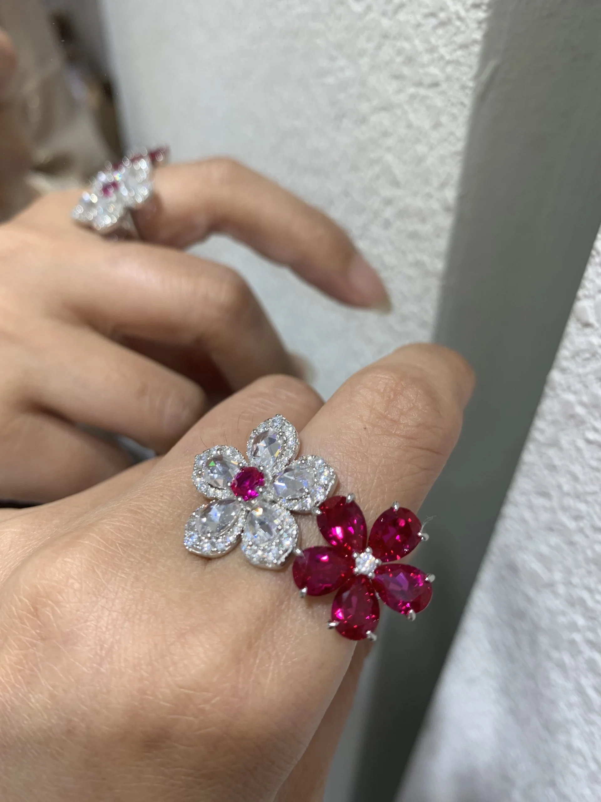 

double flowers ring 925 sterling silver with cubic zircon and lap grown ruby fine women jewelry